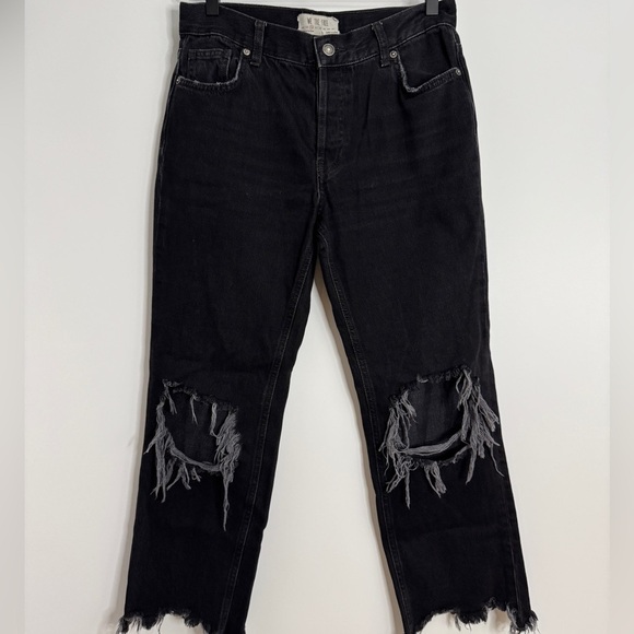 Free People Denim - Free People Distressed Black Jeans Size 26– Y2K Grunge Ripped Straight Leg Denim